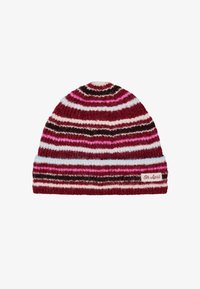 Gorro de punto en rayas rojas, rosas y blancas, con una textura suave. La etiqueta en el lateral dice "Oh April". Forma tradicional redondeada.
