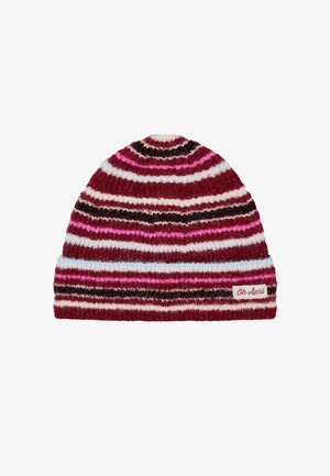 Strikket lue i røde, rosa og hvite striper, med en myk tekstur. Merket på siden sier "Oh April." Tradisjonell rund form.