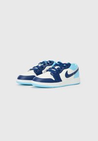 Blue and white Nike sneakers feature a smooth leather upper, perforated toe, contrasting midsole, and sturdy rubber outsole.