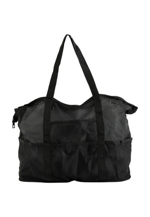 Musta suuri verkkokassi, jossa on kaksi pitkää kahvaa ja ulkopuoliset taskut, suunniteltu kevyiden tavaroiden kantamiseen.