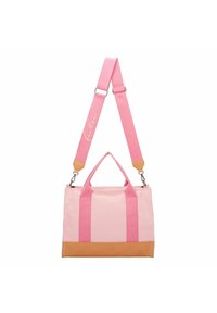 Roze canvas draagtas met dubbele handvatten, een afneembare schouderband en een tan gekleurde bodem. Voorzien van zilverkleurige hardware en een geperst logo op de band.