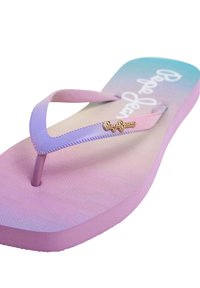 Paarse en roze verloop flip-flops met een textuurzool en dunne banden, gekenmerkt door een gouden logo-accent op de band.