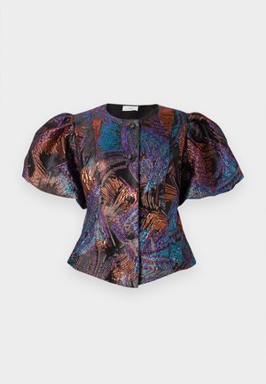 Blouse à manches bouffantes en tissu noir avec des motifs iridescents de violet, bleu et cuivre. Présente un décolleté arrondi et des boutons brillants.