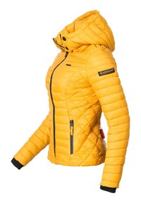 Yellow quilted jacket with a hood, side zipper pocket, and black accents on cuffs and branding. Features a fitted design and smooth texture.