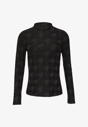 Zwarte lange mouw top met een hoge hals en een textuur van hondenstoothpatroon in verschillende tinten van zwart en donkergrijs.