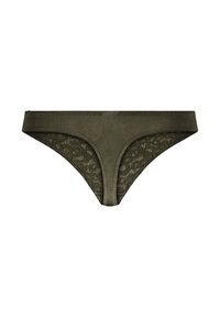 String en vert olive avec un devant lisse et un panneau en dentelle à l'arrière, en tissu doux et avec des détails de couture minimaux.