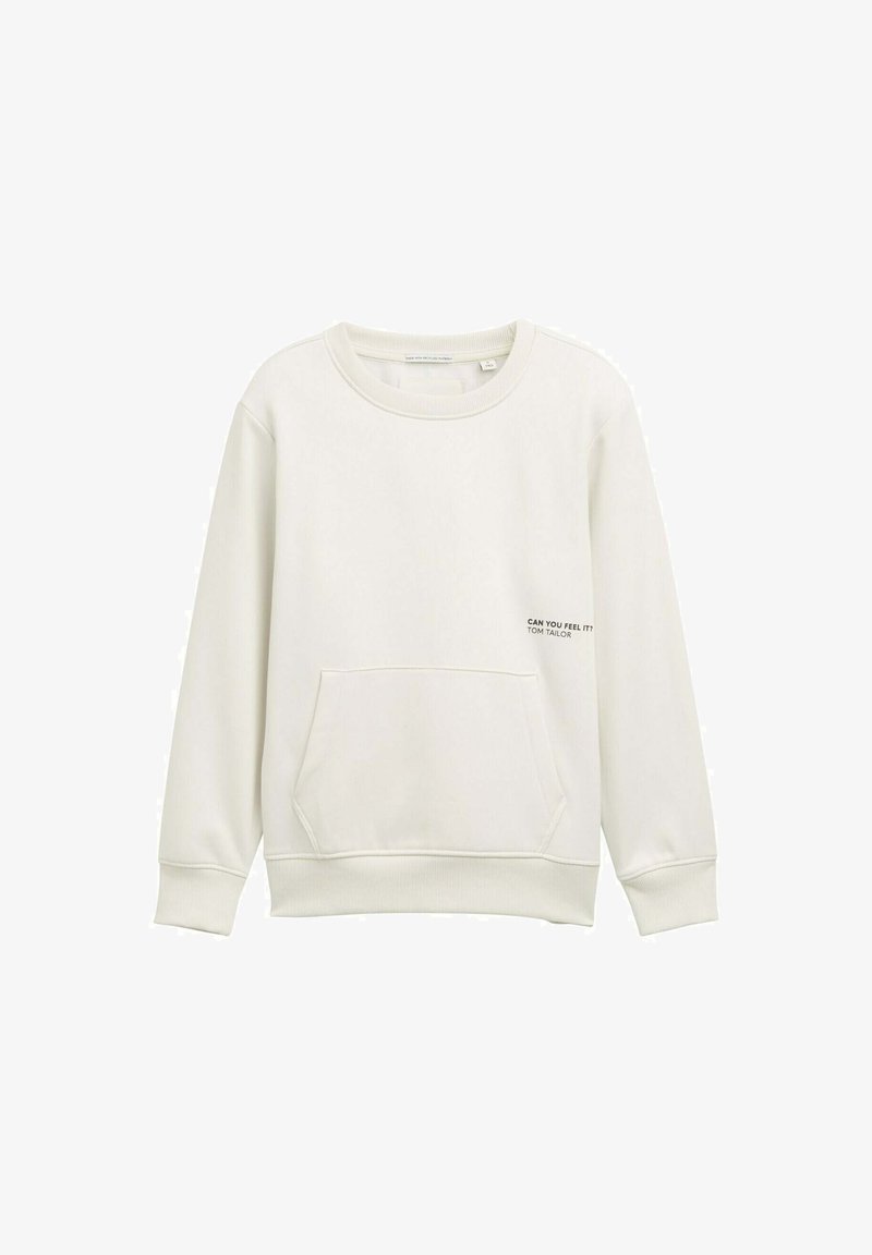 Felpa color beige chiaro con collo e polsini a costine. Caratterizzata da una tasca a marsupio frontale e una scritta stampata sul petto che dice "PUOI SENTIRLO?"