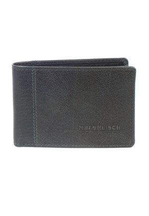 Dark gray leather wallet with a textured surface, folded design, and embossed logo. Features stitching along edges and an open pocket.