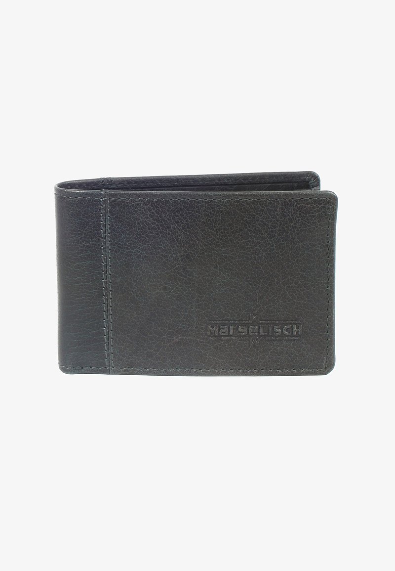 Dark gray leather wallet with a textured surface, folded design, and embossed logo. Features stitching along edges and an open pocket.