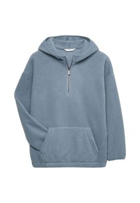 Jasnoniebieski polarowy hoodie z półzamkiem z przodu i kieszenią kangurką, długimi rękawami i doczepionym kapturem.