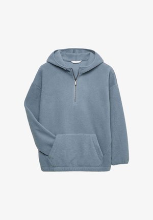 Lichtblauwe fleece hoodie met half-rits aan de voorkant en kangoeroezak, lange mouwen en een vast capuchon.