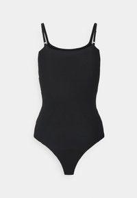 Zwart zwemcostuum met dunne verstelbare bandjes, een aansluitend lijfje en een lage rug. Het ontwerp heeft een slip in thong-stijl en een gladde textuur.