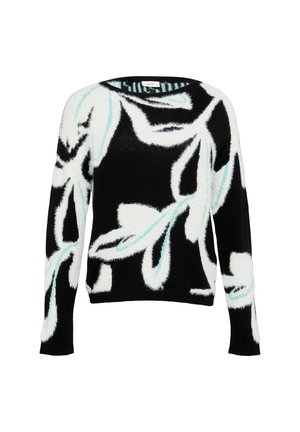 Black sweater with white and mint green leaf patterns, fuzzy texture, long sleeves, and a round neckline.