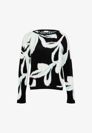 Black sweater with white and mint green leaf patterns, fuzzy texture, long sleeves, and a round neckline.