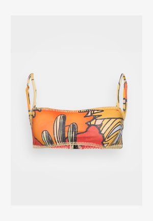Fargerik bikinioverdel med et oransje og gult blomstermønster med svarte konturer og justerbare stropper. Avsluttet med dekorativ søm.