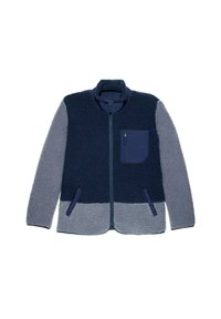 Giacca in pile con la parte superiore blu navy e la parte inferiore grigia, dotata di colletto alto, chiusura con zip e tasca sul petto.