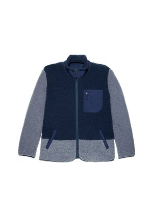 Fleecejack zonder capuchon met een marineblauwe bovenkant en een grijze onderkant, met een opstaande kraag, rits aan de voorkant en een borstzak.