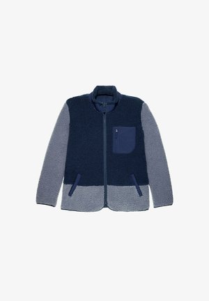 Fleecejack zonder capuchon met een marineblauwe bovenkant en een grijze onderkant, met een opstaande kraag, rits aan de voorkant en een borstzak.