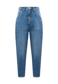 Hochtaillierte blaue Denim-Jeans mit einem lockeren Schnitt, schmal zulaufenden Beinen, Fronttaschen und kontrastierenden Nähdetails. Keine sichtbaren Risse oder Verzierungen.