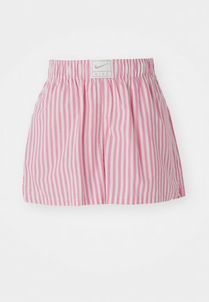 Pink and white striped shorts with an elastic waistband and a small Nike logo patch on the back. Made from lightweight fabric.