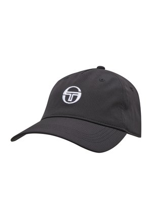 Casquette de baseball noire avec visière courbée et logo circulaire brodé en blanc représentant un "T" stylisé au centre avant.