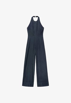 Dark denim jumpsuit with a halter neck design, wide legs, and a fitted bodice. Smooth texture with no visible patterns or embellishments.