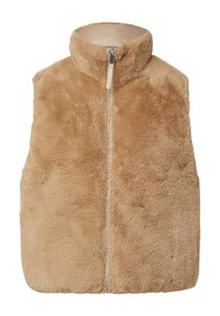 Beige nepleer vest met een hoge kraag en een rits aan de voorkant. De stof heeft een zachte, pluche textuur en een eenvoudig, onopgesmukt ontwerp.