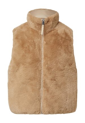 Beige-Faux-Fur-Weste mit hohem Kragen und einem Frontreißverschluss. Der Stoff hat eine weiche, plüschige Textur und ein einfaches, ungeschmücktes Design.