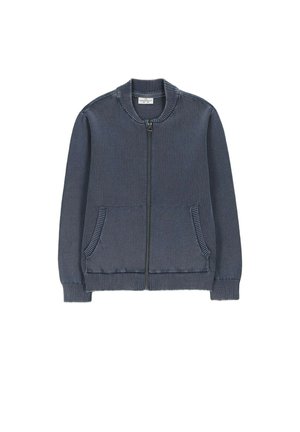 Granatowy dzianinowy kardigan na zamek z prążkowanym kołnierzem, mankietami, dołem oraz dwoma przednimi kieszeniami.