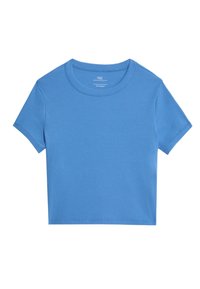 Blauw T-shirt met korte mouwen, gemaakt van ribbelstof, met een ronde halslijn. Beschikt over een simpel ontwerp en schone randen. Labels aan de binnenkant van de hals.