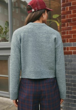 Korte, lichtgrijze trui met een geribbelde zoom en lange mouwen, gecombineerd met donkere ruitbroek. Rode pet voegt contrast toe aan de outfit.