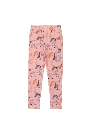 Helle rosa Leggings mit einem Muster aus galoppierenden Pferden in verschiedenen Farbtönen, mit einem elastischen Bund und einer weichen, glatten Textur.
