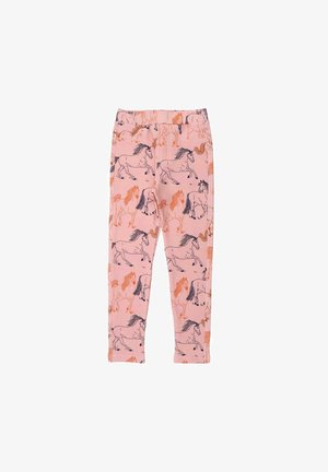 Light pink leggings featuring a pattern of galloping horses in various shades, with an elastic waistband and a soft, smooth texture.