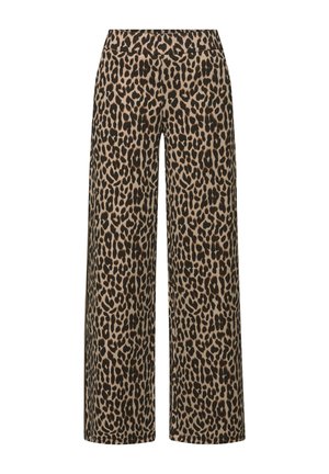 Weite Hosen mit elastischem Bund, die ein beige-schwarzes Leopardenmuster aufweisen.