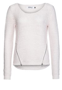 Maglione lavorato a maglia rosa chiaro con scollatura tonda, maniche lunghe e cerniere laterali; superficie strutturata e polsini a coste.