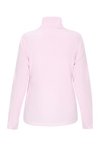 Pullover lungo a maniche, di colore rosa chiaro, con colletto alto. Realizzato in tessuto morbido, presenta una texture liscia e dettagli cuciti lungo l'orlo.