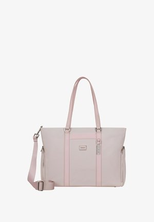 Tote bag in light gray fabric with pink accents. Features two handles, an adjustable shoulder strap, and a zipper closure.