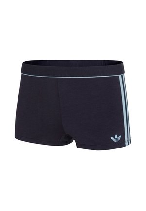 Mörkblåa sportshorts med en mjuk textur, med en ljusblå tre-randig design längs sidorna och en logotyp på nedre vänstra sidan.