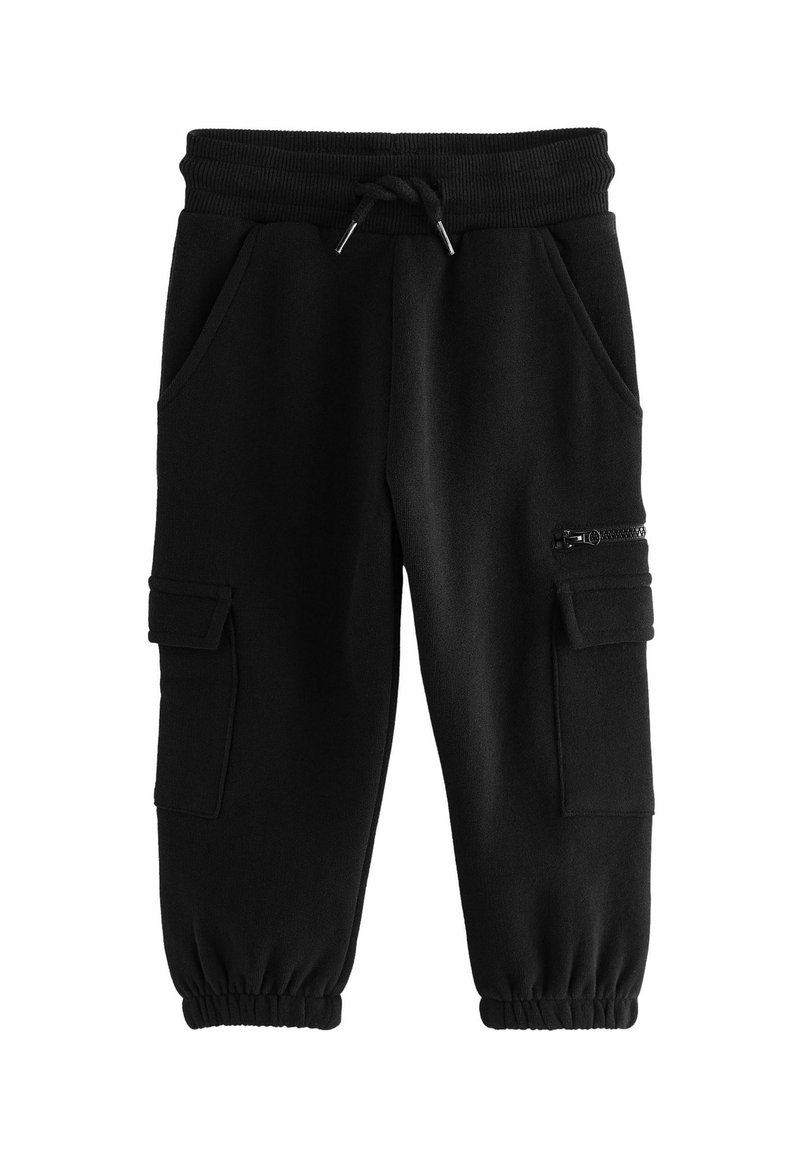 Sorte sweatpants lavet af blødt stof, med elastisk talje og snøre, sidelommer og en lynlåslomme på låret.