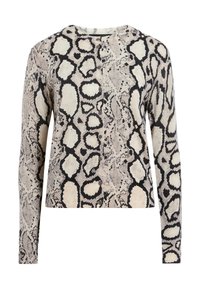 Långärmad cardigan med mönster av ormskinn i beige och svart. Har rund halsringning och knappstängning fram med texturerad tyg.