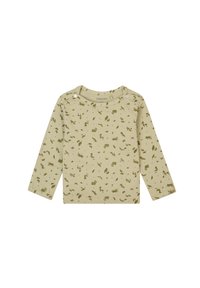 Langärmliges Baumwollhemd in hellolivgrün mit einem naturthemen Print, der kleine Dinosaurier und Pflanzen zeigt. Druckknopfverschlüsse an der Schulter.