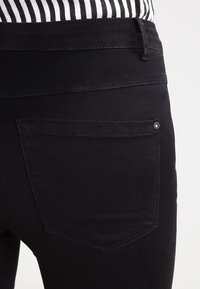 Černé denimové džíny s hladkou texturou a slim fit střih. Mají jednu zadní kapsu, decentní švy a malý detail knoflíku.