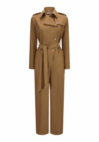 Bruine trench jumpsuit met lange mouwen, knoopsluiting, zijzakken en een bijpassende riem. Glad materiaal met een getailleerde pasvorm.