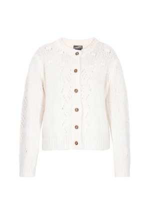 Jasnokremowy sweter dzianinowy z okrągłym dekoltem, pięcioma brązowymi guzikami oraz wzorami teksturowymi na całej powierzchni. Rękawy i dół wykończone ściągaczem.