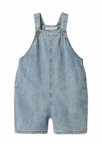 Svetlo modre denim overallice z nastavljivimi naramnicami, lesenimi gumbi, sprednjimi žepi in raztrganimi robovi. Sproščen dizajn, brez vzorcev.