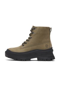 Olive green suede ankle boot with a black chunky sole, metal lace hooks, and a patterned side, featuring a logo on the back.
