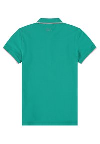 Chemise polo teal à manches courtes, avec col et bordures roses contrastantes aux manches. Design simple sans logos ni motifs visibles.
