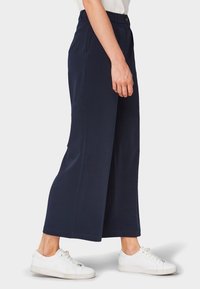 Marinblå vida byxor i mjukt tyg, med framfickor och knappstängning, kombinerat med vita sneakers.