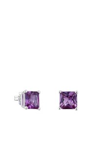 Gemme quadrate di colore viola incastonate in orecchini a stud in argento. Superfici piatte e lucidate con una qualità translucida e un'adeguata fissazione a griffe.
