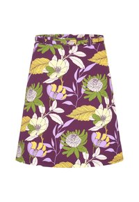 Hortensia A-kielinen hame purppuran värisestä kankaasta, jossa on valkoisia, vihreitä ja keltaisia kukkia sekä lehtiä. Mukana vyö, joka sopii vyötärölle.